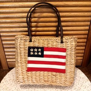 Sonoma Small Brown Wicker Hand Bag Purse USA Flag 7"H x 8 1/2"L x 3"W